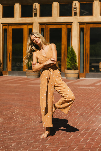 embroidered jumpsuit with front buttons in camel