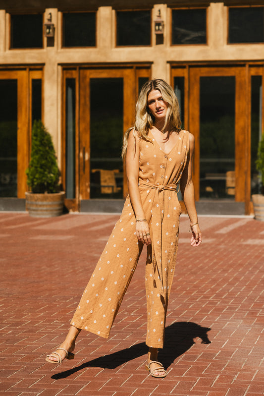 tie waist jumpsuit in camel