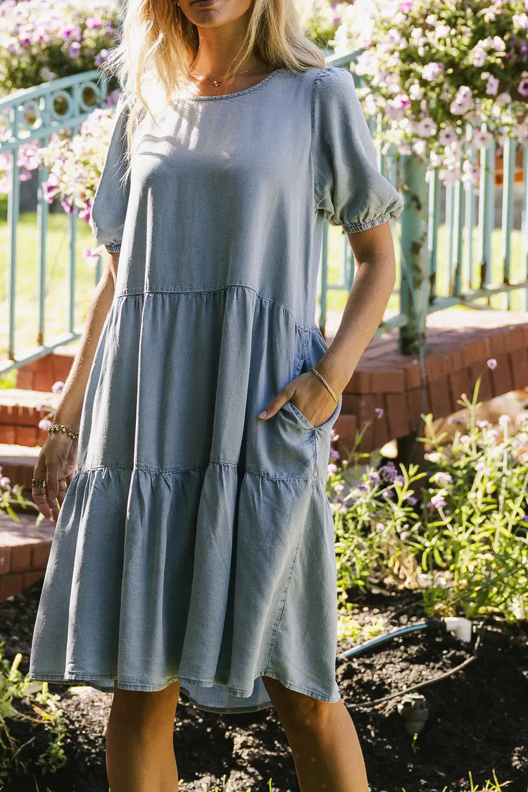 Two hand pockets denim dress 