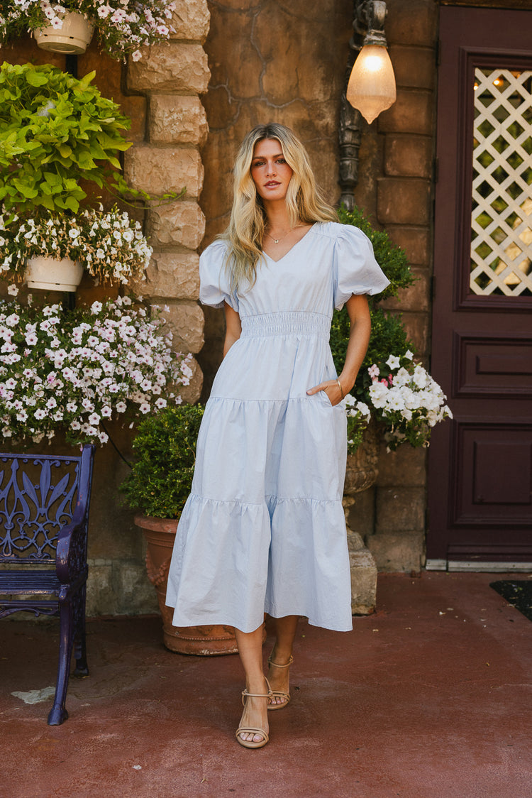 blue midi dress with puff sleeves