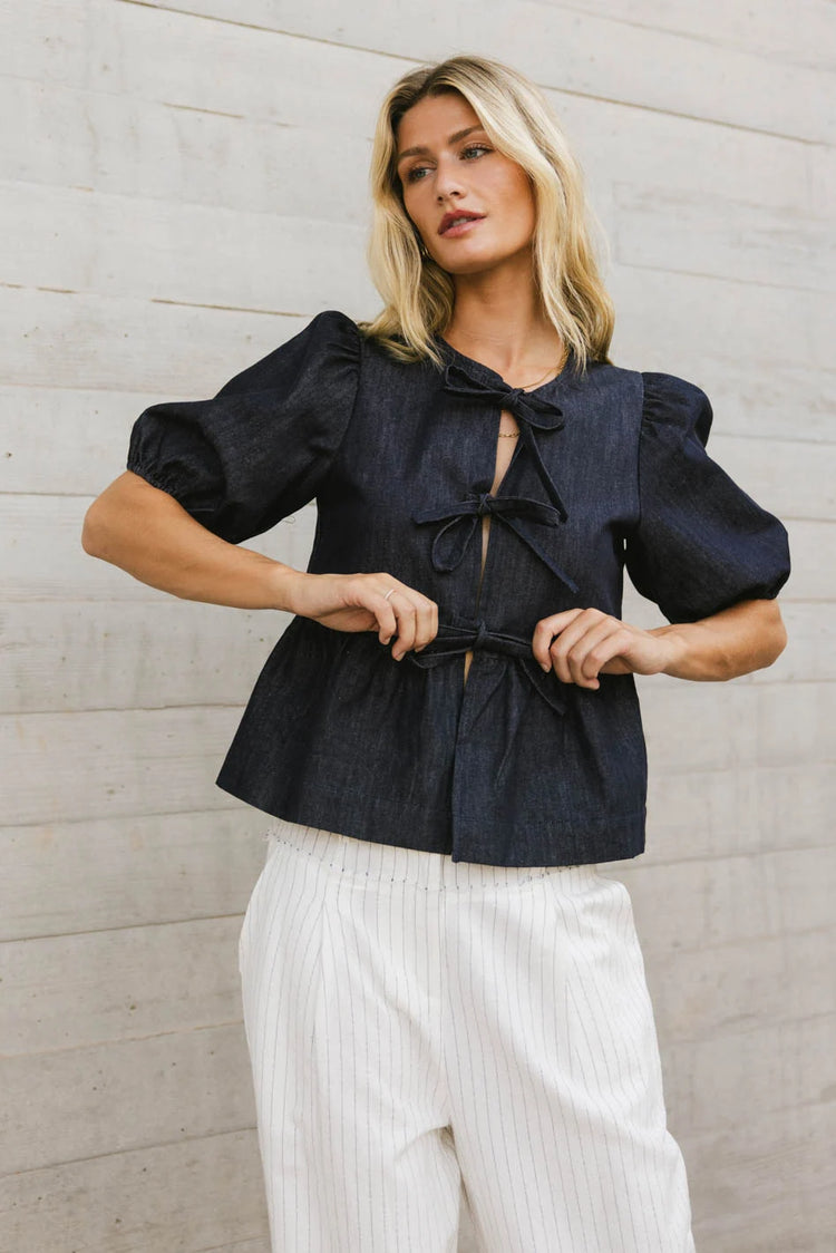 Three ties denim blouse in dark wash 