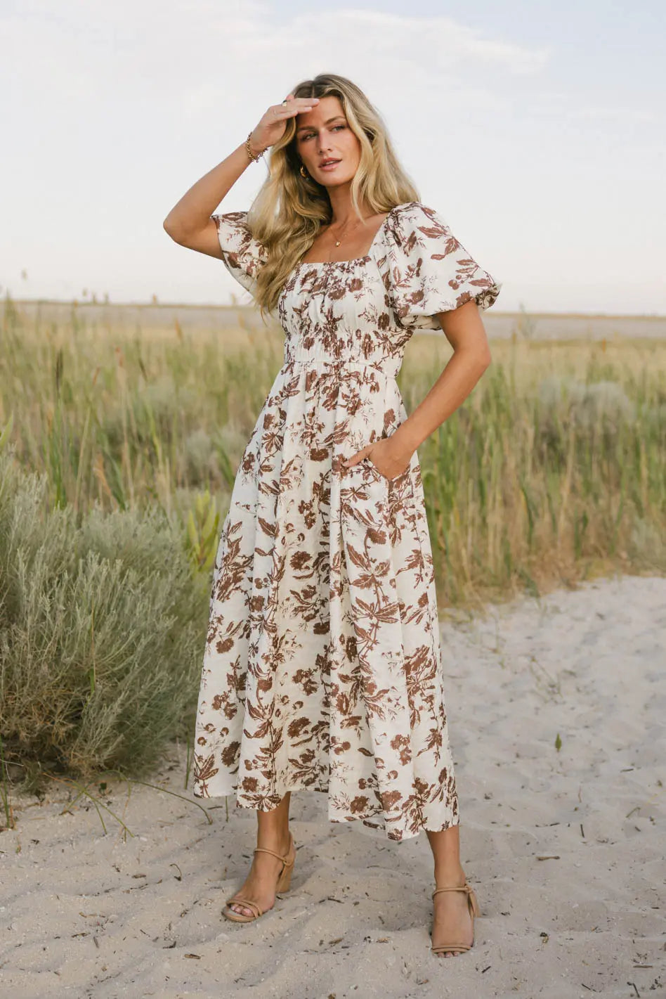 Dorothea Floral Midi Dress in Mocha - FINAL SALE Dorothea Floral Midi Dress in Mocha - FINAL SALE