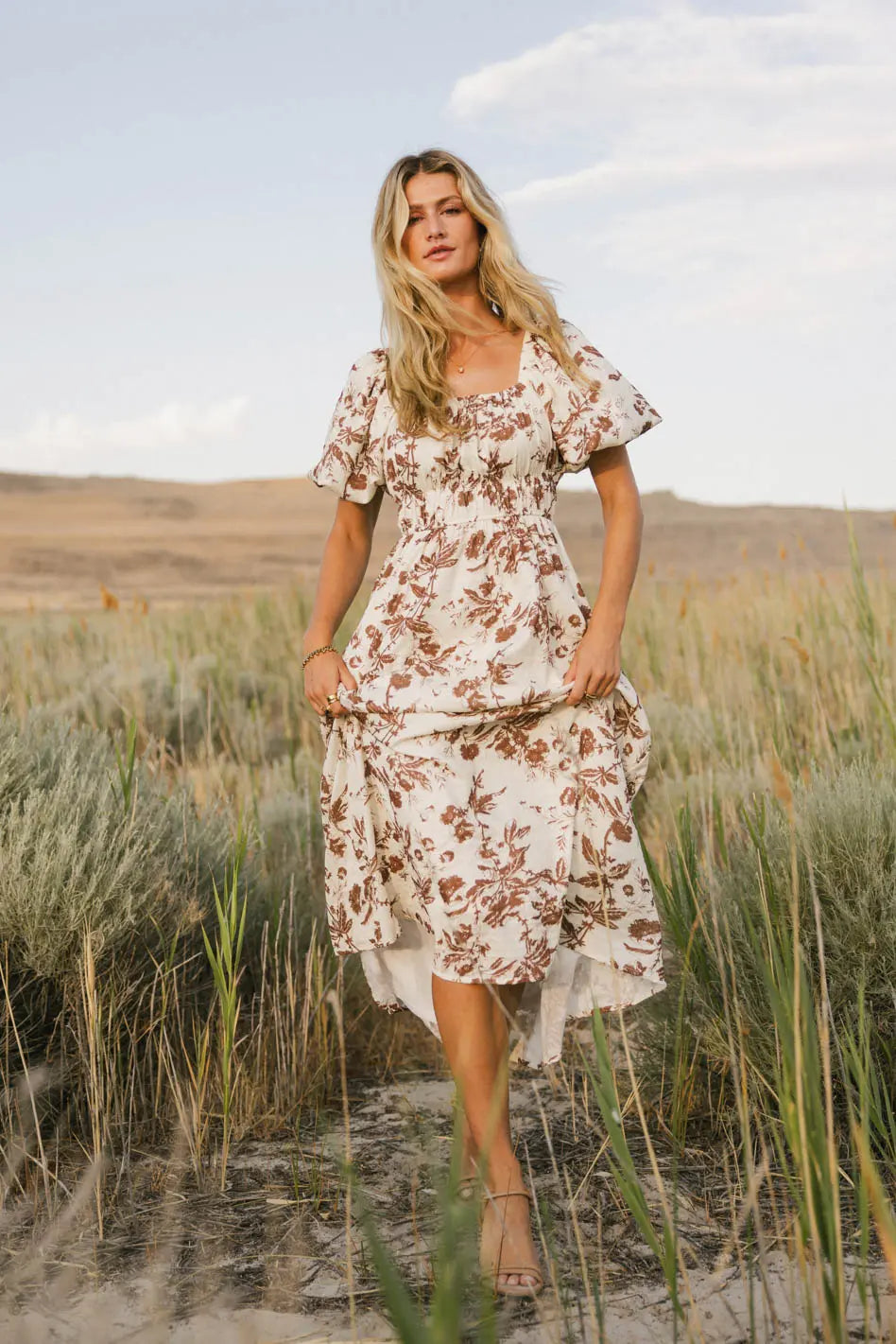 fitted lace wedding dress Dorothea Floral Midi Dress in Mocha