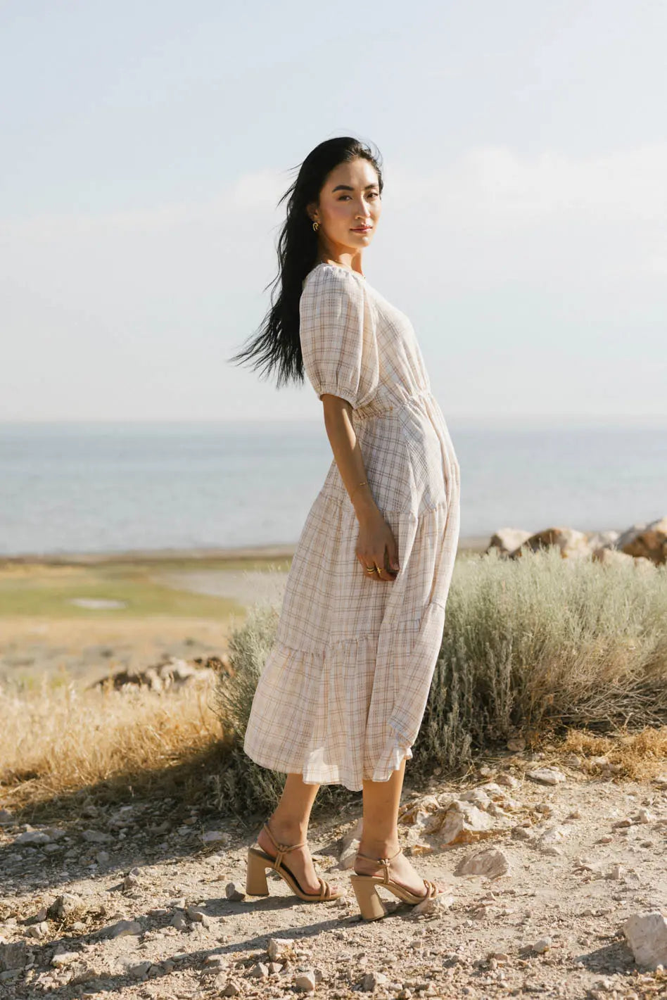 Melina Plaid Midi Dress in Taupe - FINAL SALE Melina Plaid Midi Dress in Taupe - FINAL SALE