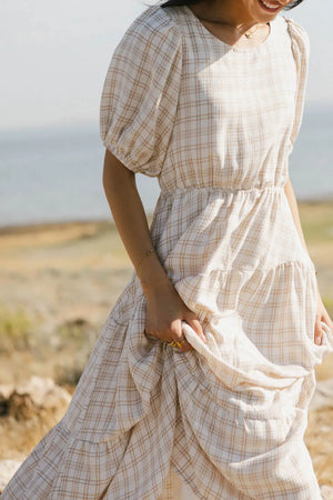 Melina Plaid Midi Dress in Taupe - FINAL SALE Melina Plaid Midi Dress in Taupe - FINAL SALE