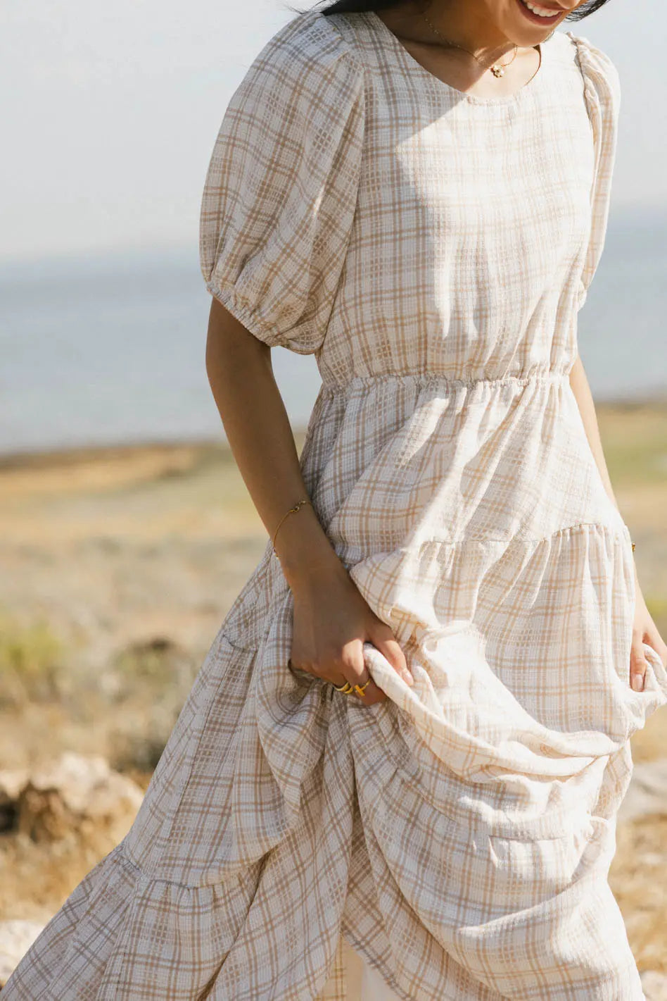 Tiered skirt dress in taupe 