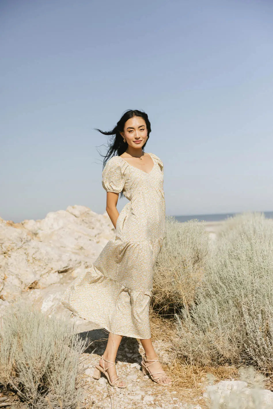 Floral midi dress in yellow 