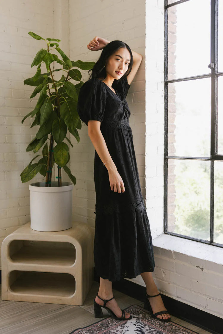 Eyelet midi dress in black 