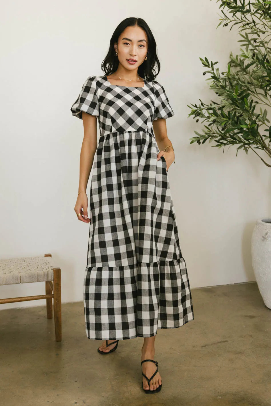 black gingham dress Solid & Striped Delta Midi Seersucker Noir XL / Noir Gingham tumble dry low Size and Fit Size Small approximate measurements Jenna Gingham Maxi Dress in