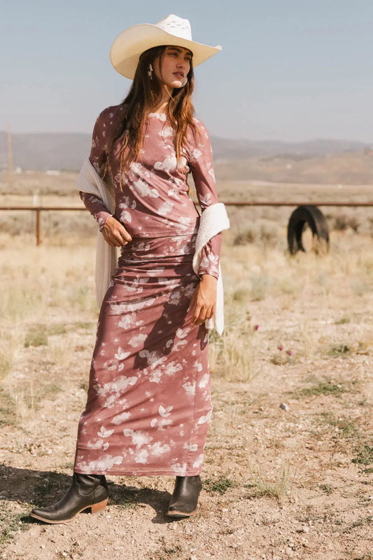 Top paired with a skirt in mauve 