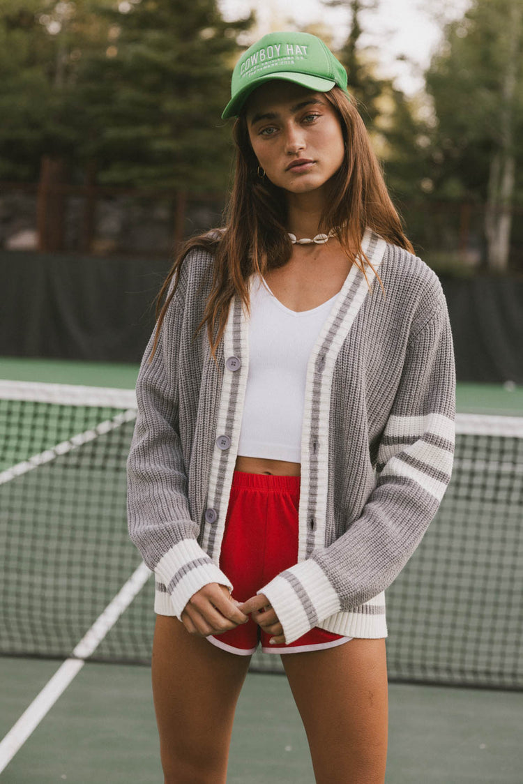 grey and white striped cardigan