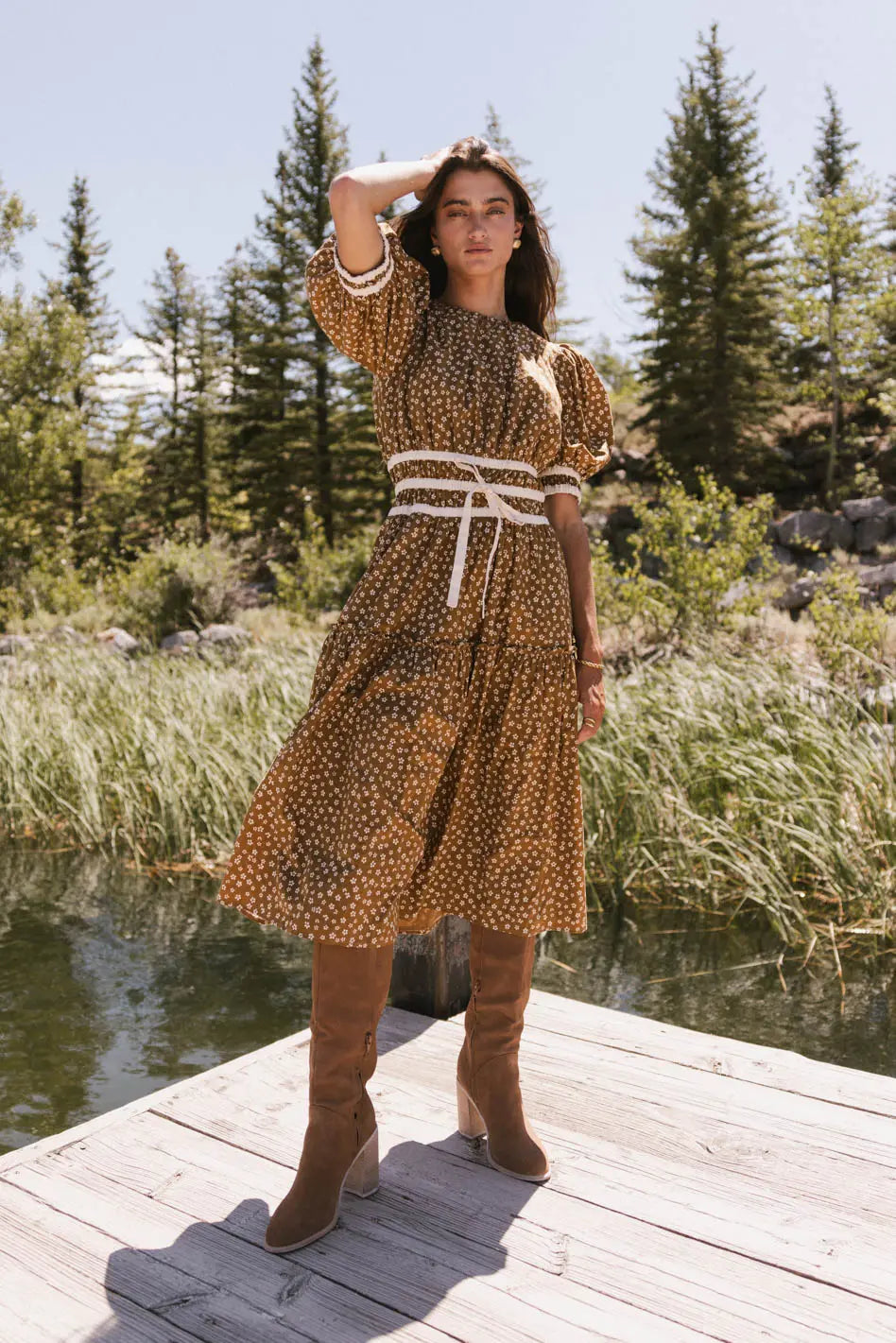 Kendra Ditsy Floral Midi Dress in Brown - FINAL SALE Kendra Ditsy Floral Midi Dress in Brown - FINAL SALE