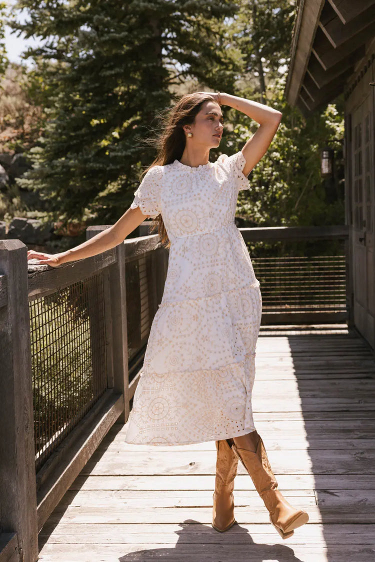 Embroidered midi dress in cream 