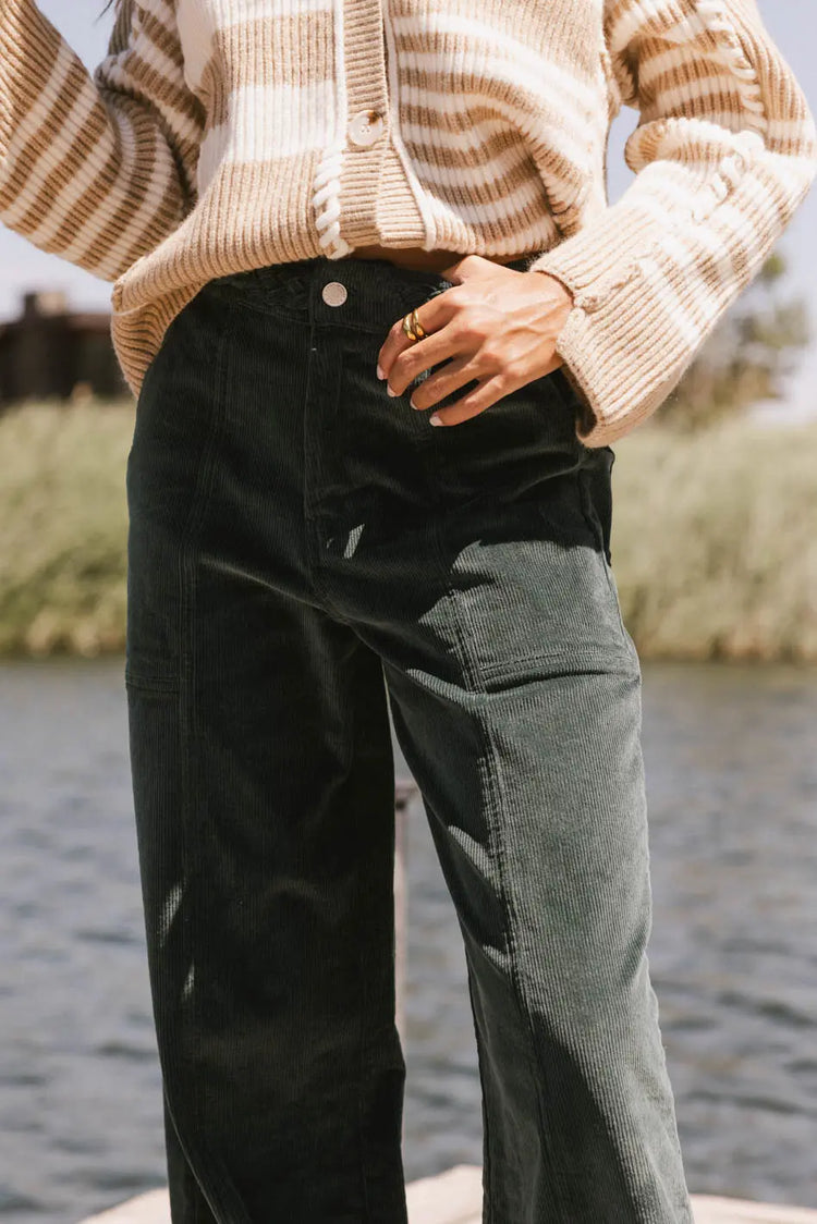 Braided waist corduroy pants in teal 