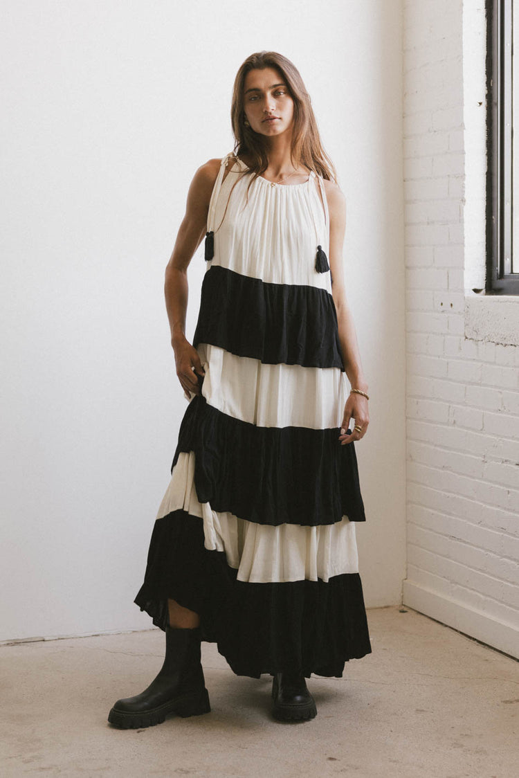 maxi tiered dress in black and white