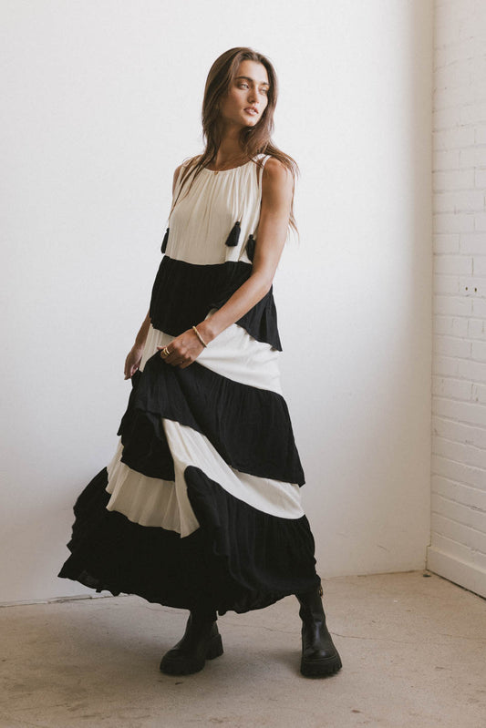 tiered black and white dress