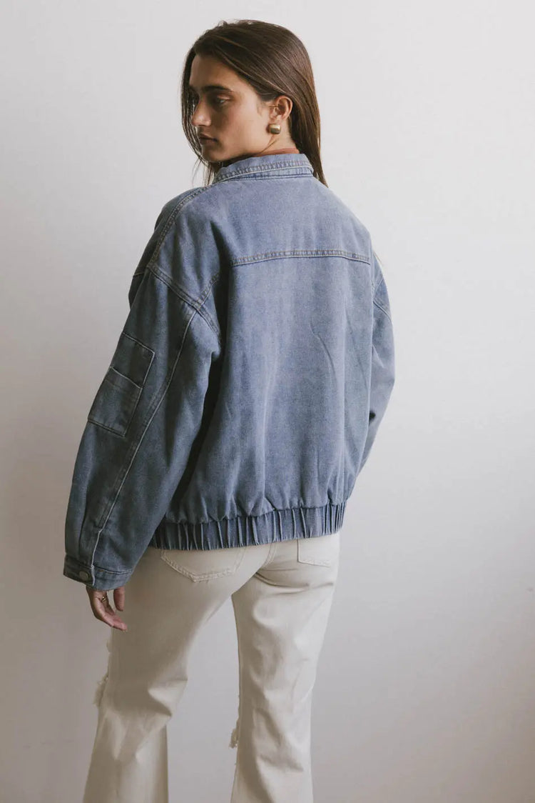 Elastic hem denim jacket in medium wash 