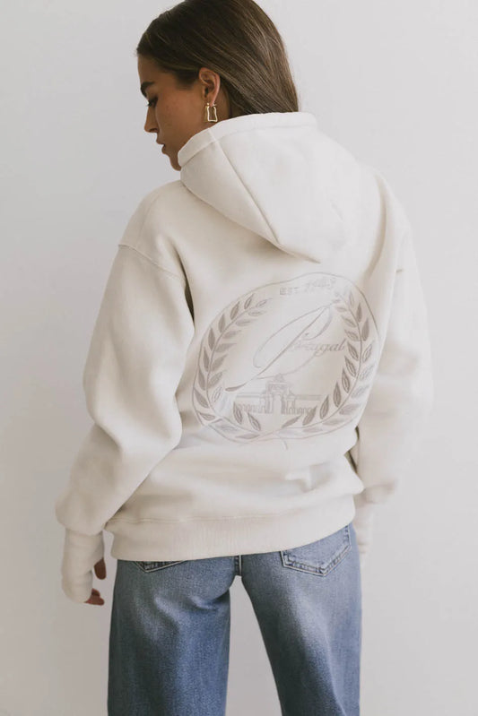 Embroidered back hoodie in taupe 