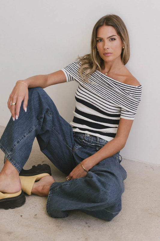 Striped off shoulder top in navy 