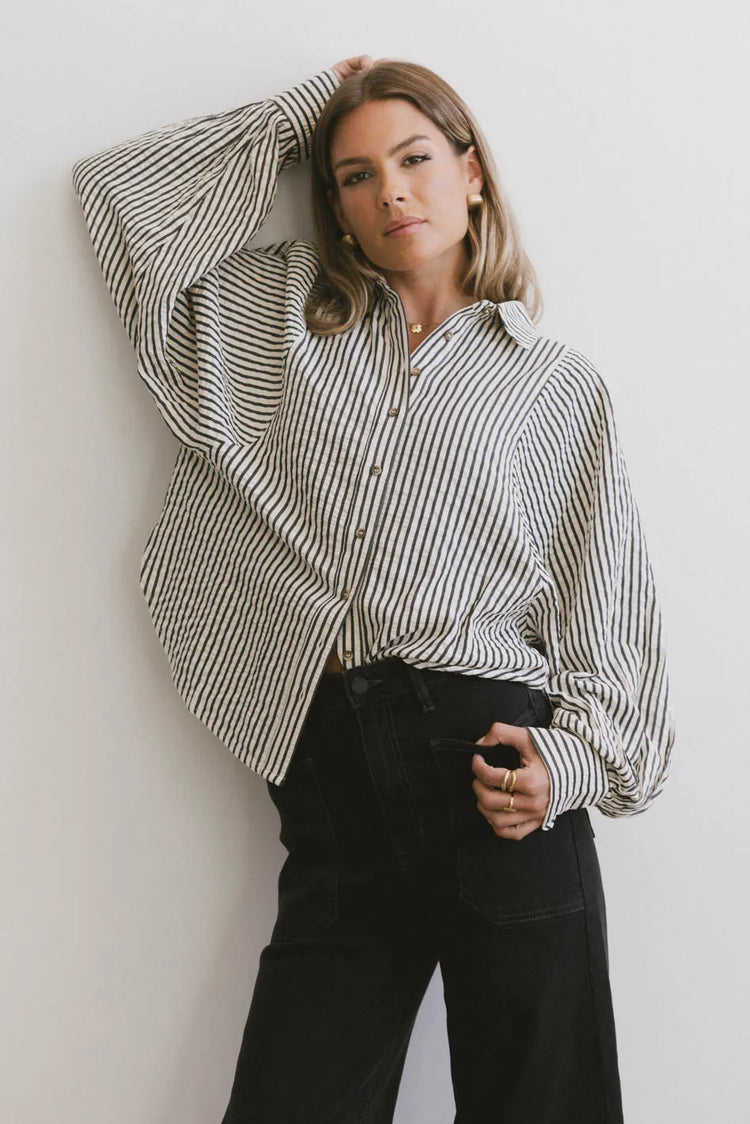 Button up striped top in charcoal 