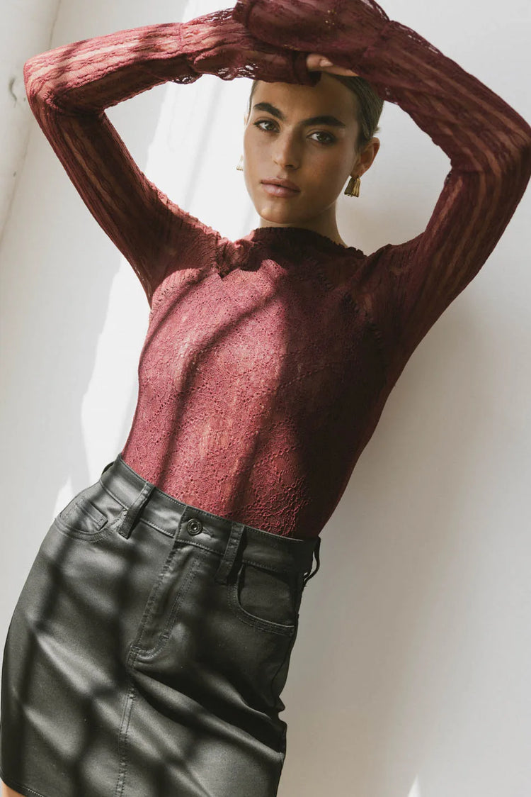 Knit lace up top in burgundy 