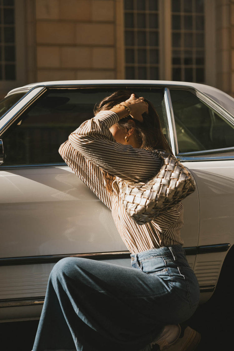 oversized striped button down top