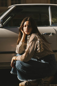 striped button up in brown
