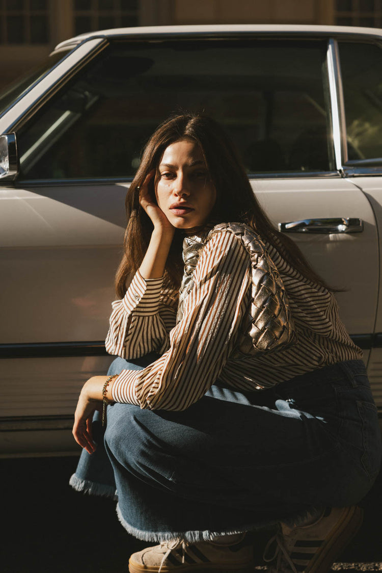 striped button up in brown
