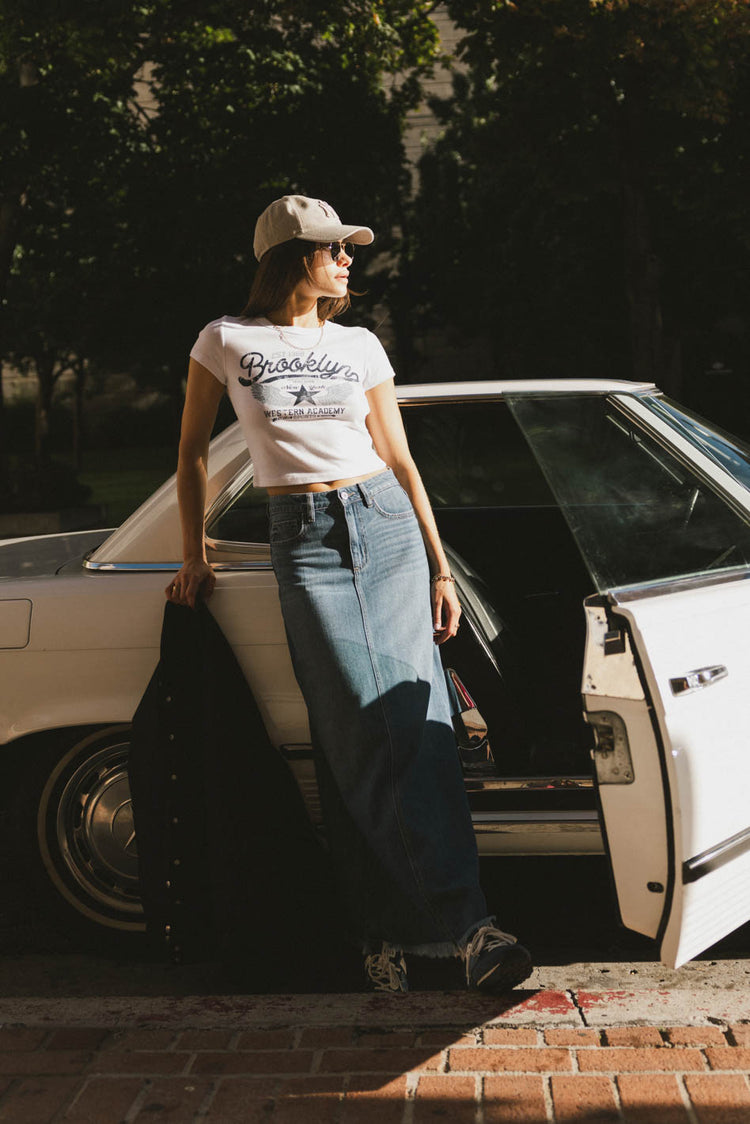 baby tee with denim maxi skirt
