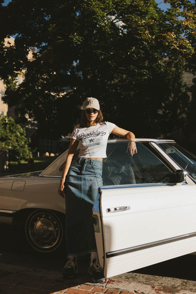 short sleeve basic baby tee with denim skirt
