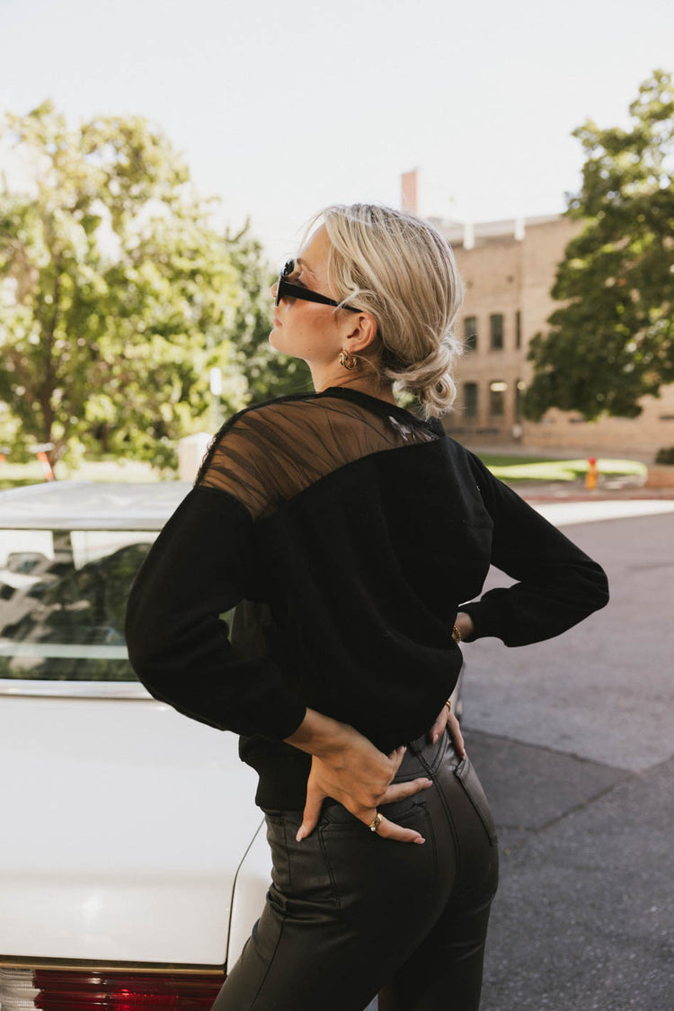 black tulle detail long sleeve sweater