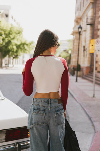 red raglan long sleeve top