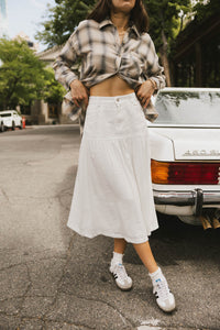 white midi denim skirt
