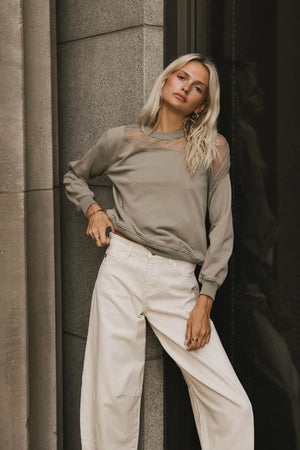 Sandry Tulle Crewneck in Olive - FINAL SALE