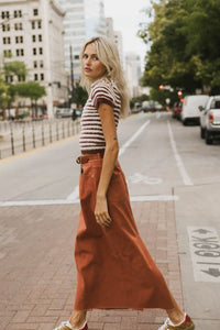 Maxi denim skirt in rust 