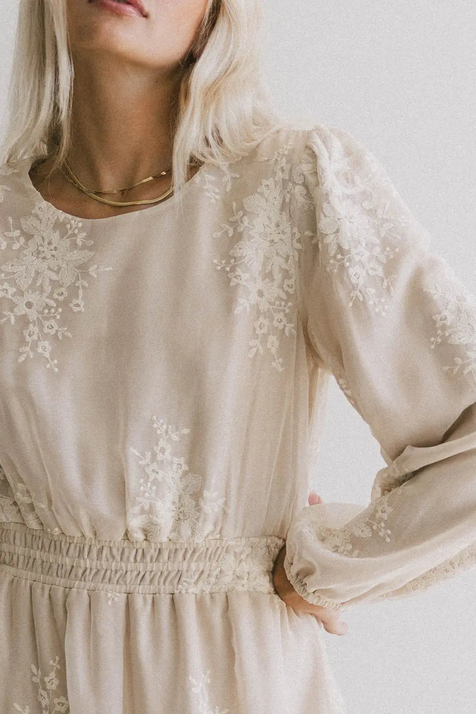 Andee Embroidered Midi Dress in Champagne - FINAL SALE Andee Embroidered Midi Dress in Champagne - FINAL SALE