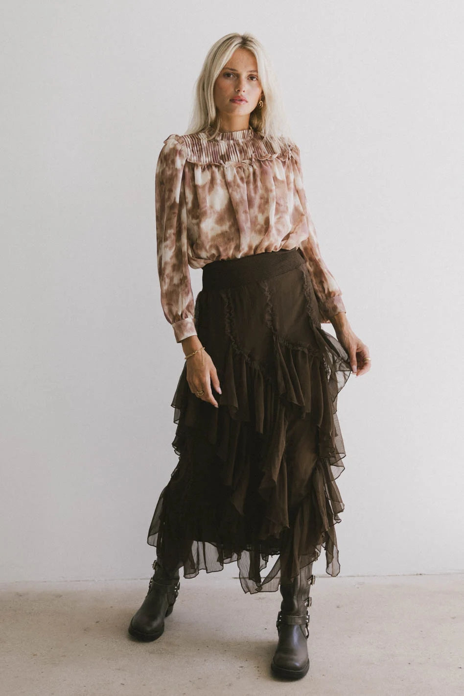 Emerson Ruffled Maxi Skirt in Brown bohme