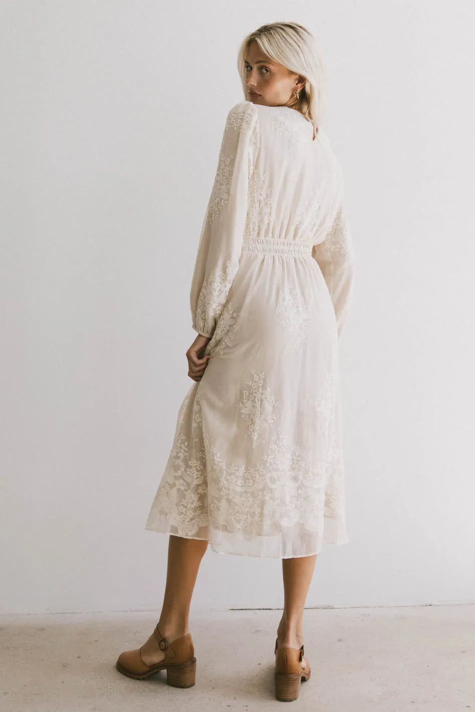 Andee Embroidered Midi Dress in Champagne - FINAL SALE Andee Embroidered Midi Dress in Champagne - FINAL SALE