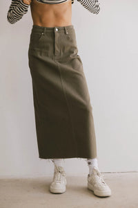 High rise denim skirt in olive 