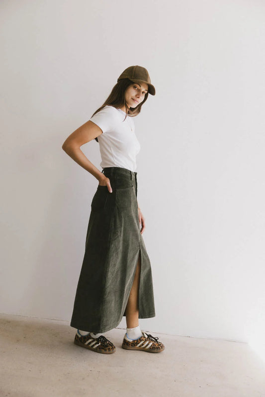 Maxi corduroy skirt in olive 