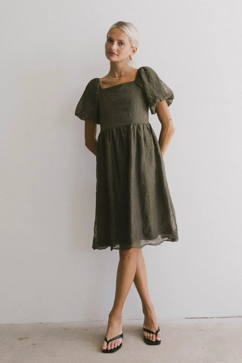 olive embroidered dress Jillian Smocked Fit And Flare Mini Dress Multi / L