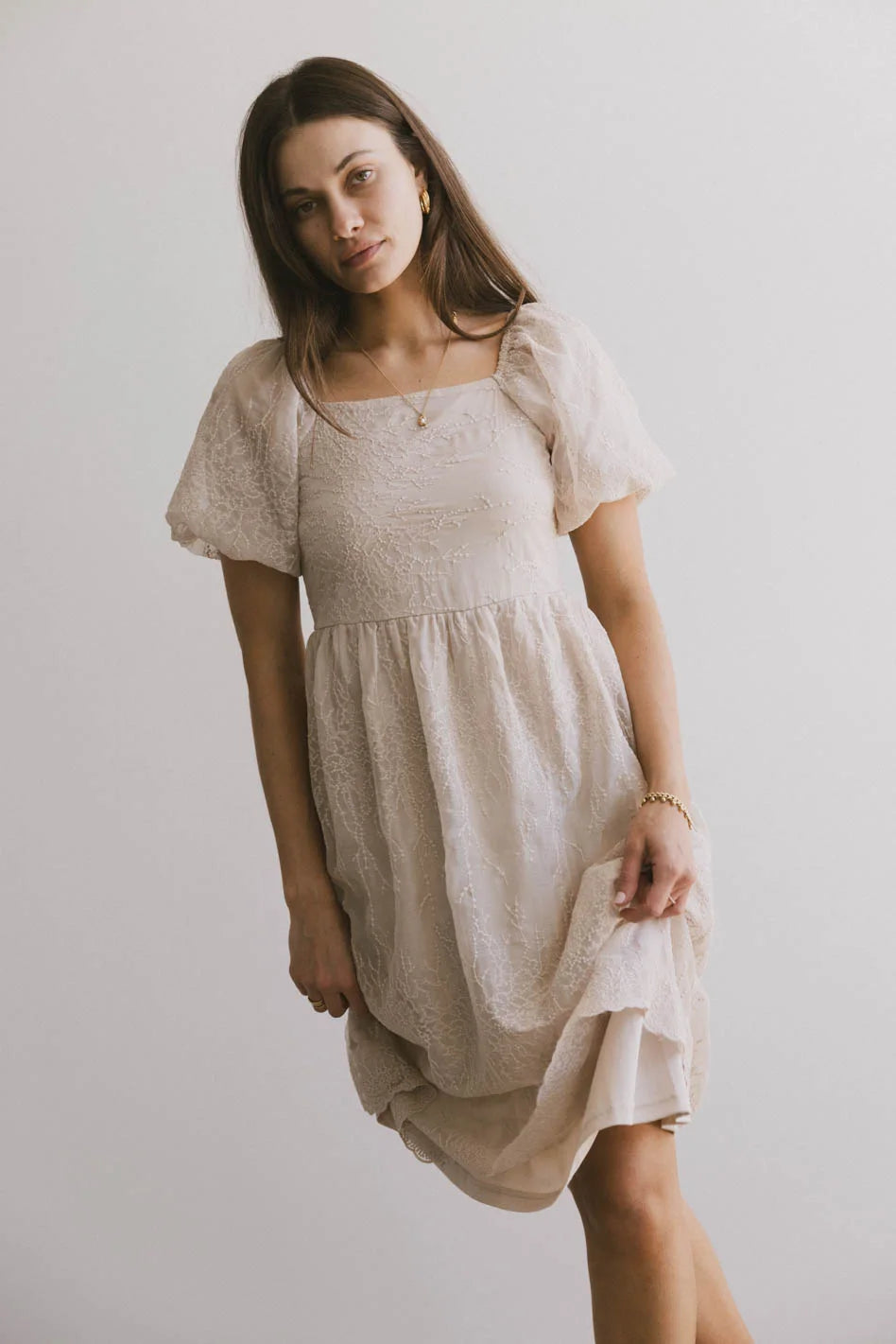 Karrie Embroidered Midi Dress in Champagne - FINAL SALE Karrie Embroidered Midi Dress in Champagne - FINAL SALE
