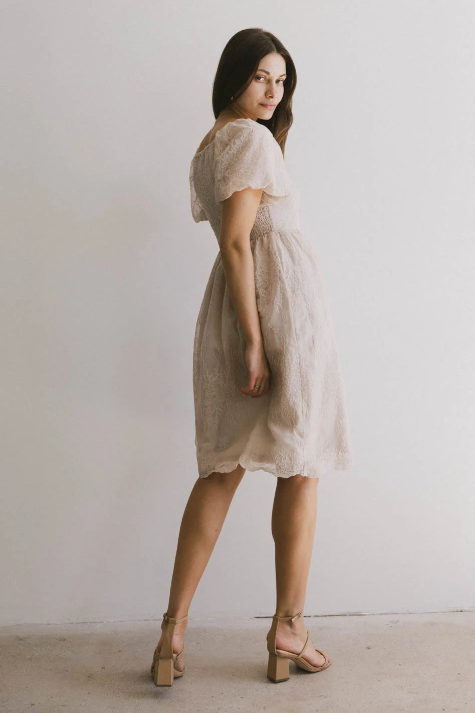 Karrie Embroidered Midi Dress in Champagne - FINAL SALE Karrie Embroidered Midi Dress in Champagne - FINAL SALE