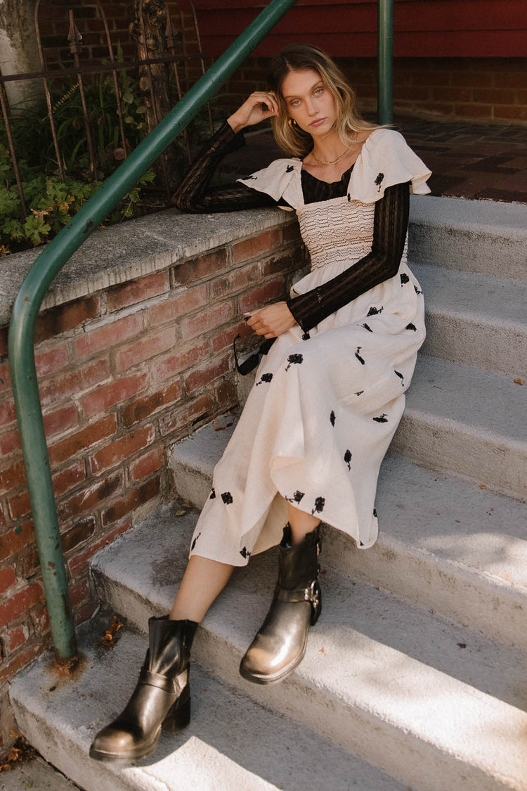 flutter sleeve embroidered dress in cream