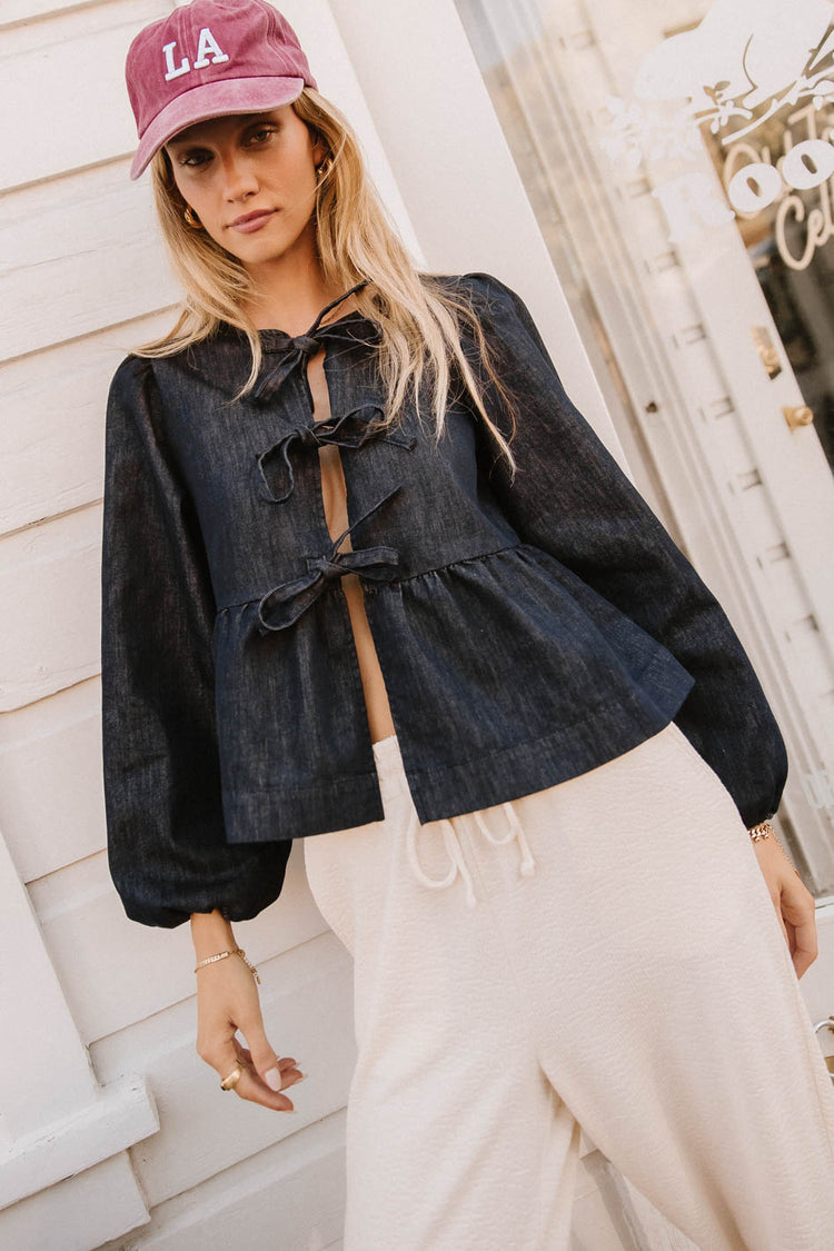 front tie blouse in dark denim wash