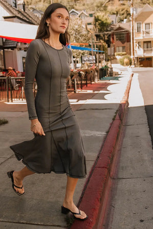 Fiona Ribbed Godet Dress in Charcoal - FINAL SALE