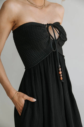 Adjustable chest tie dress in black 