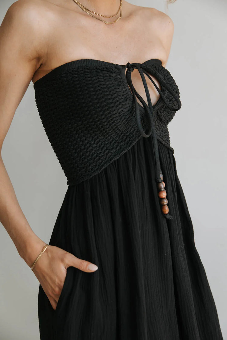 Adjustable chest tie dress in black 