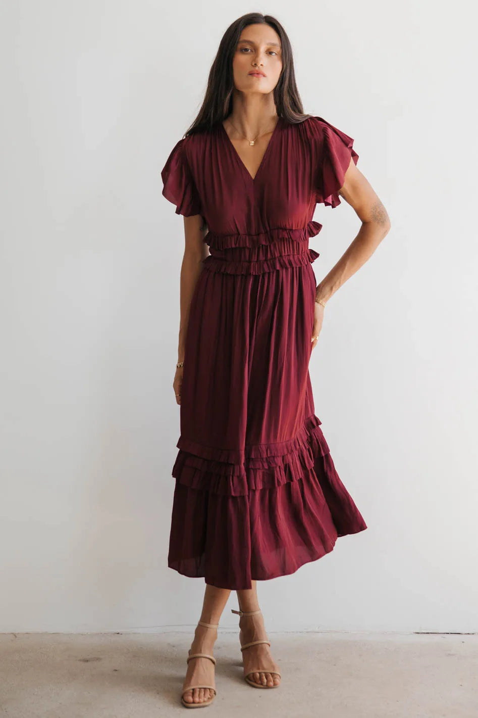 Willa Ruffle Dress in Burgundy bohme