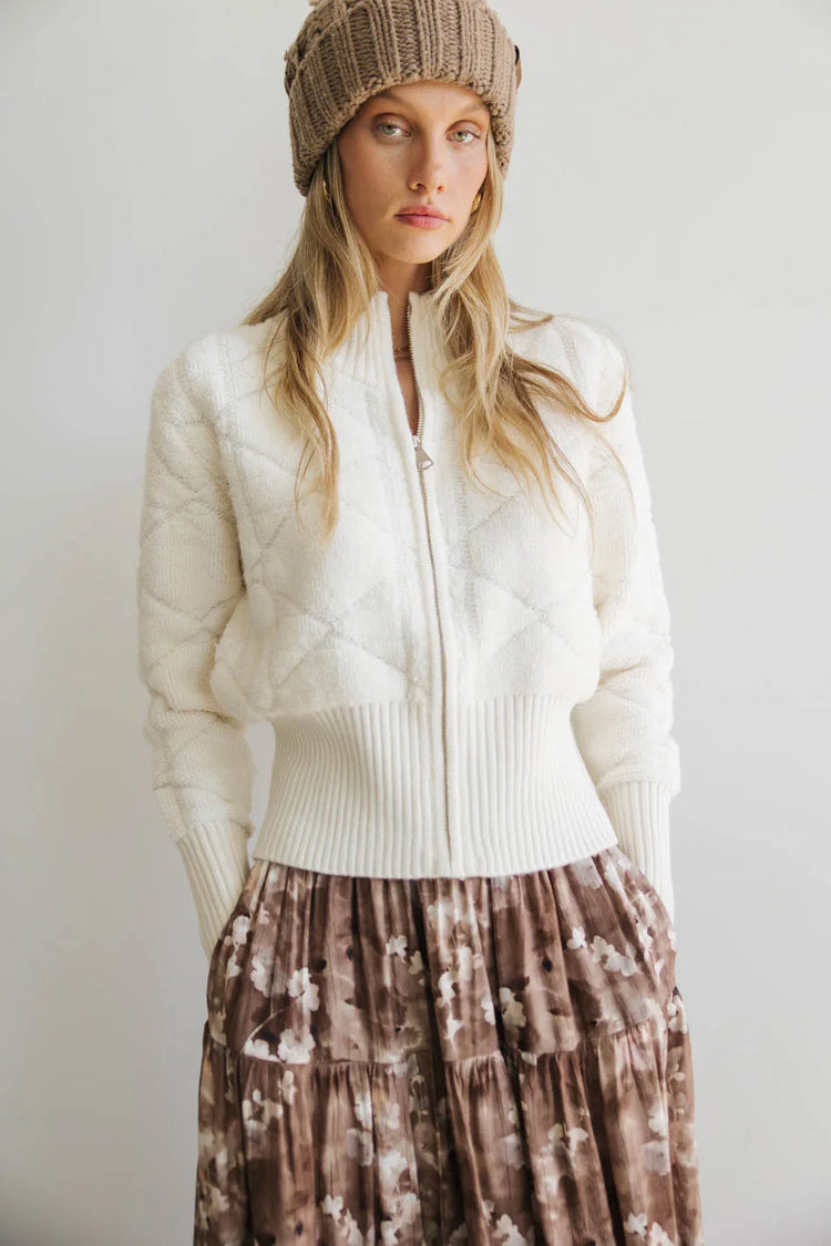 Front zipper up sweater in cream